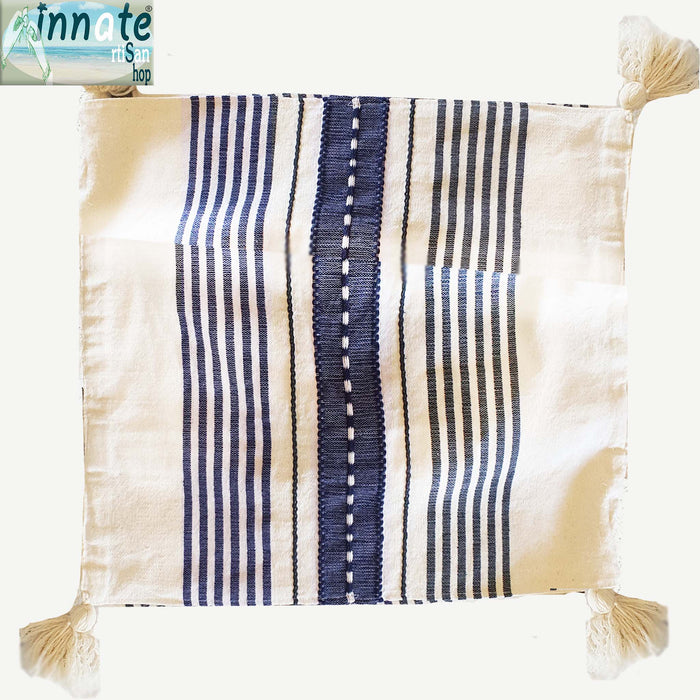 throw pillow, cover, woven, Mexican, navy blue, striped, washable, square, artisan, Oaxaca