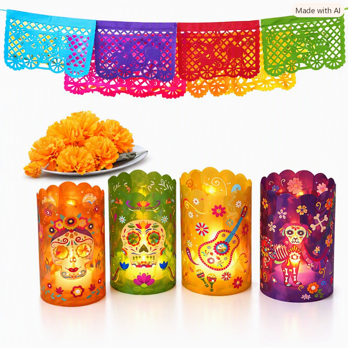 Colorful Day of the Dead decorative paper banners and matching illuminated candle holders on a white background, with orange marigold flowers shown as a prop. A small 'Made with AI' watermark appears in the top right corner.