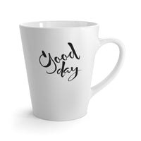 white mug, cup, with good day in English