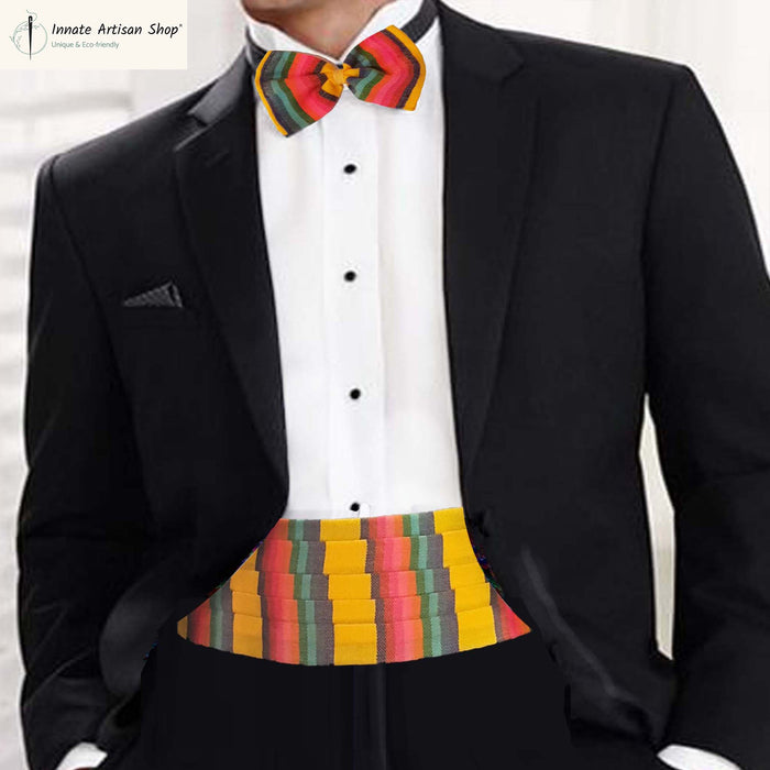 pleated, cummerbund, faja, smoking, tuxedo, bow tie, Mexican, serape, yellow, mango, rainbow, artisan, adjustable, woven, sarape