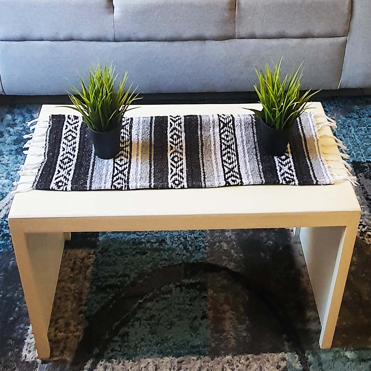 Blanket ,farmhouse table topper, rustic, Mexican, boho, centerpiece, ethnic, artisan, black gray, mini, small, over a table