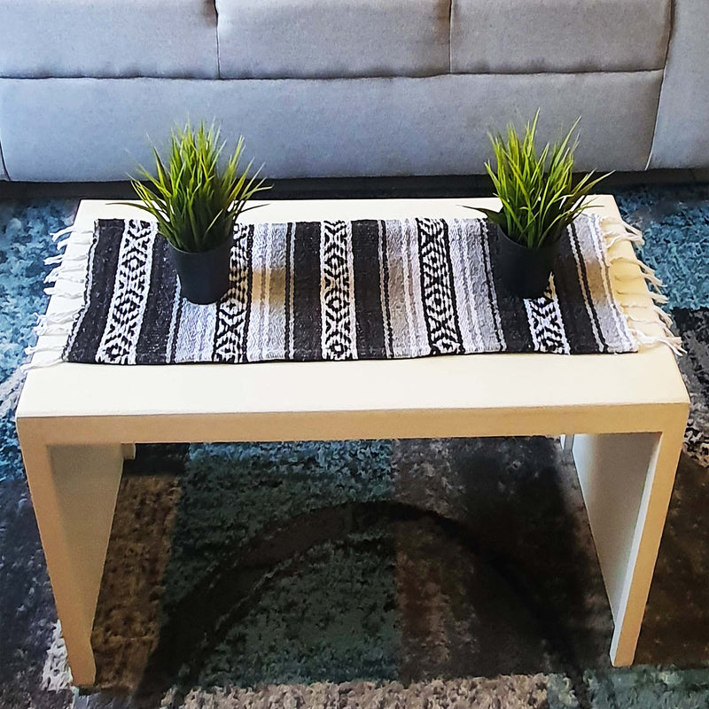 Blanket ,farmhouse table topper, rustic, Mexican, boho, centerpiece, ethnic, artisan, black gray, mini, small, over a table