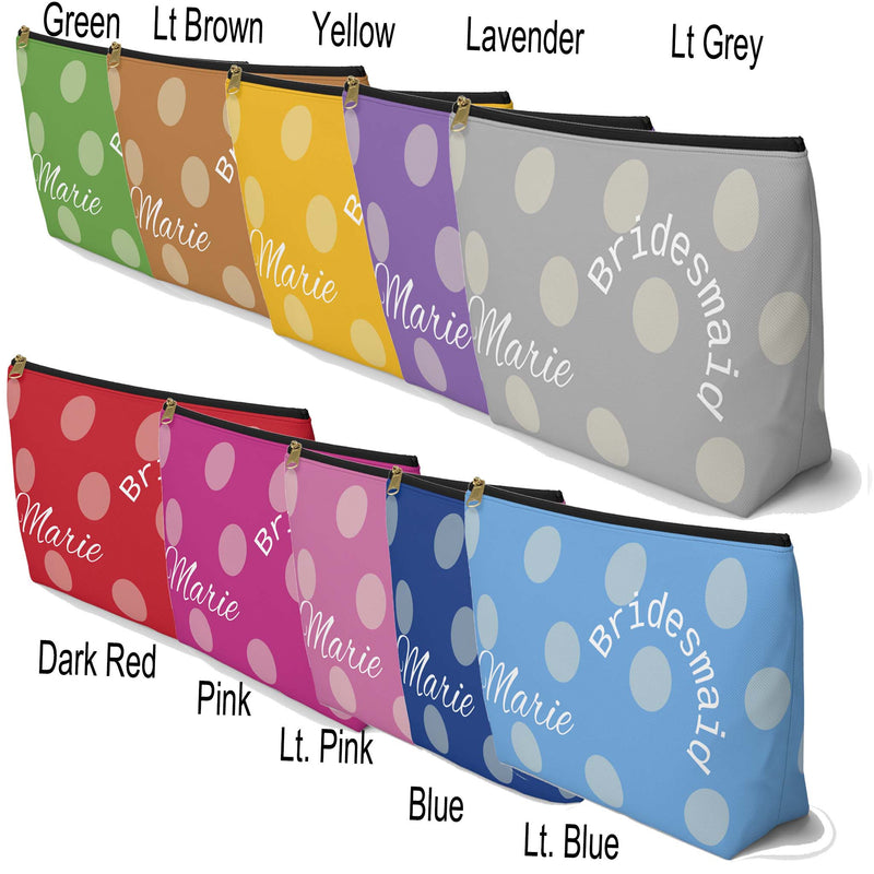 bridesmaid gift, zippered bag, makeup, accessories, toiletry, personalized, customized with names, dates, polka dots, grey, multicolor, yellow, brown, red, green