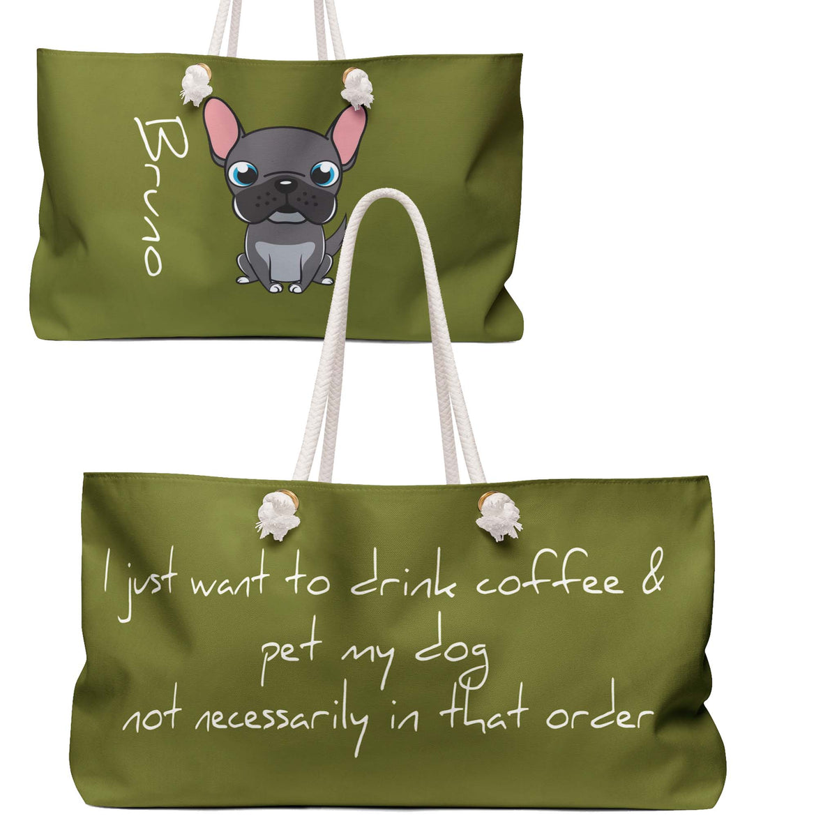 Eco-friendly stylish large tote, rope handles, customizable, message,I just want coffee and pet my dog,  double faced design. Dog name and breed in other side. Vegan.