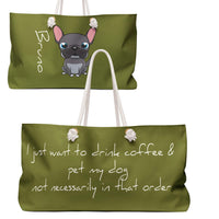 Eco-friendly stylish large tote, rope handles, customizable, message,I just want coffee and pet my dog,  double faced design. Dog name and breed in other side. Vegan.