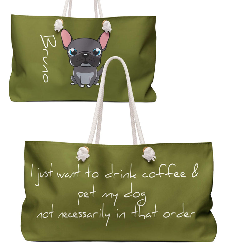 Eco-friendly stylish large tote, rope handles, customizable, message,I just want coffee and pet my dog,  double faced design. Dog name and breed in other side. Vegan.