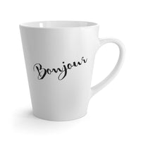 white mug, cup, with good day printed in French language