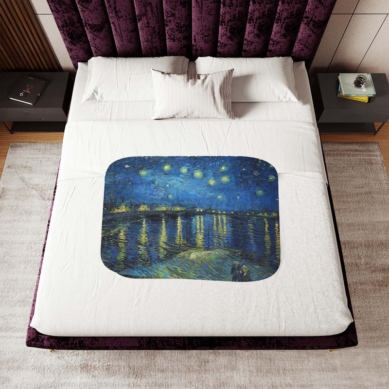 sherpa blanket, over full size bed, small size, painting, art, Starry Over Rhône, Vincent van Gogh, print on blanket