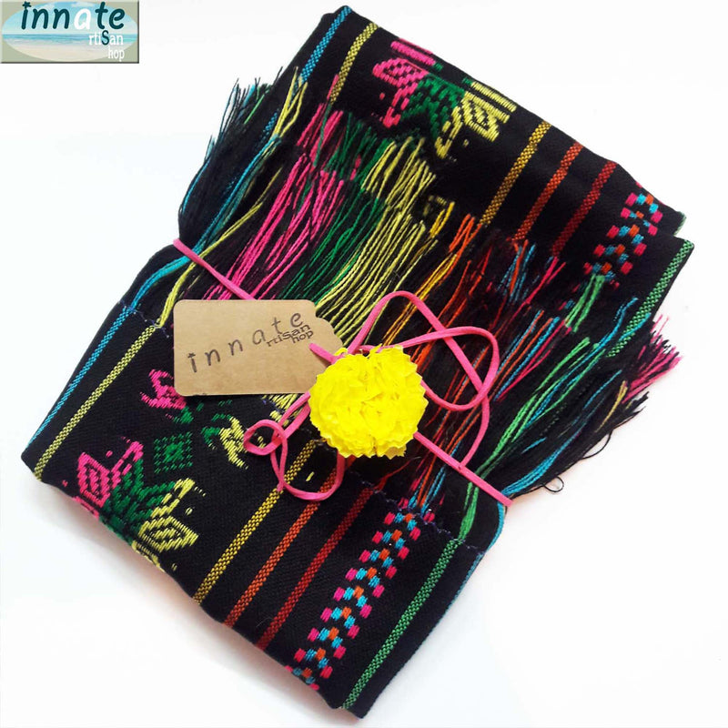black table runner, camino de mesa negro, Mexican, artisan, embroidered, cambaya, Aztec, Mayan, custom, multicolor, rainbow