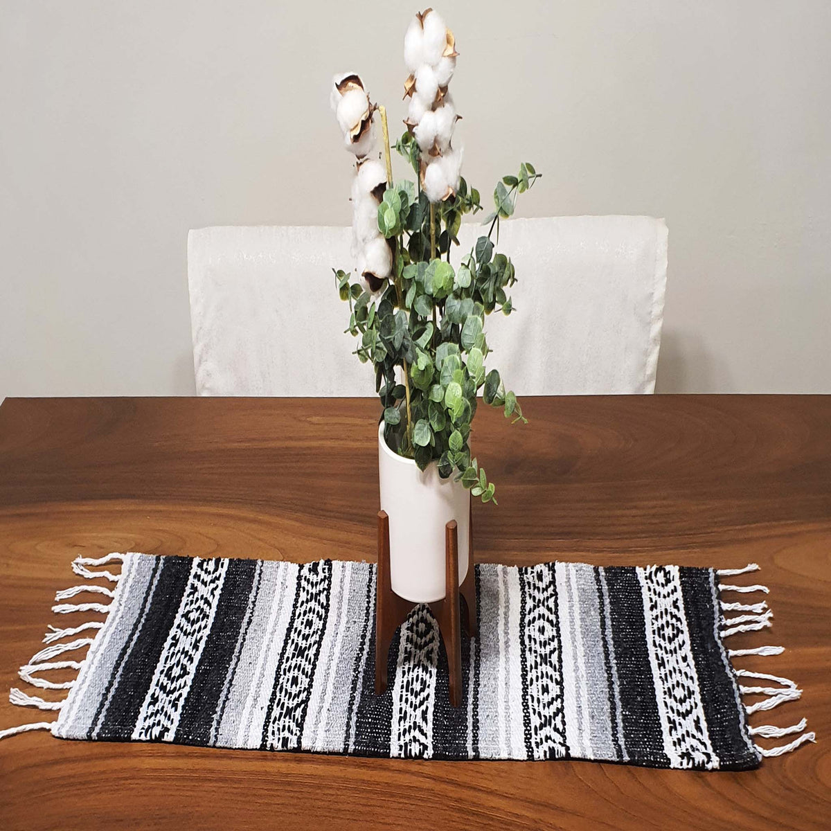 Blanket ,farmhouse table topper, rustic, Mexican, boho, centerpiece, ethnic, artisan, black gray, mini, small, over a table
