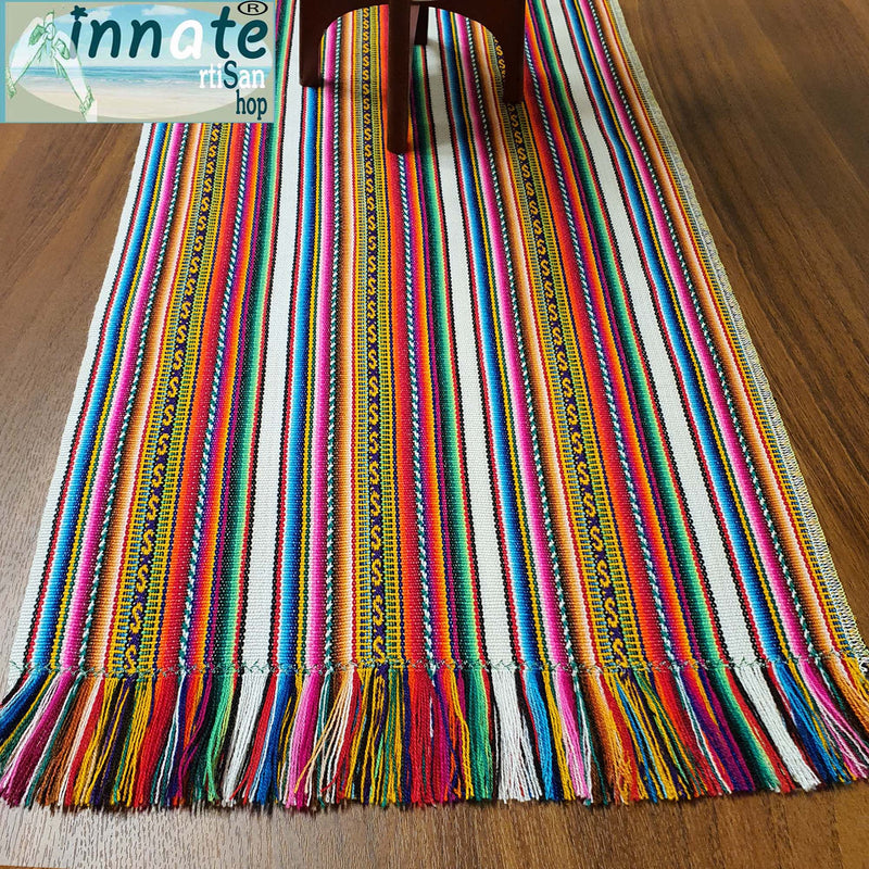 Andean table runner, Peruvian, table runner, fringed, aguayo, white, striped