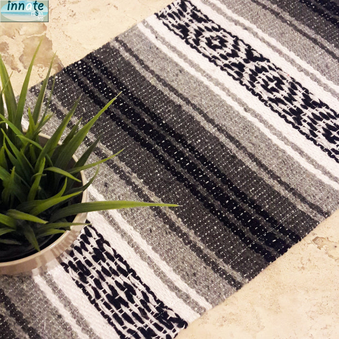6ft long Handwoven rustic table runners, Mexican, farmhouse. Black/gray/white