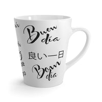white mug, cup, with good day printed in  languages