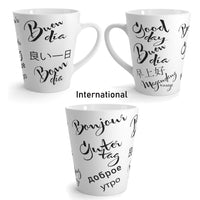 mugs, international, message, good day, in english, spanish, chinese, tagalog, in nine languages