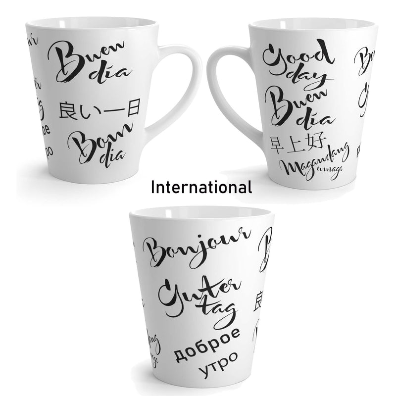 mugs, international, message, good day, in english, spanish, chinese, tagalog, in nine languages