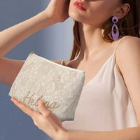 woman with bag, lace bag, customized, personalized, champagne beige, XV gift, bridesmaid gift