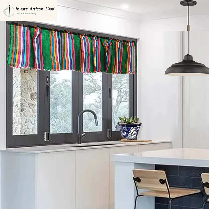 Mexican valance, curtains, panel, cafe curtains, tier, curtain, fiesta, green, striped, woven, cortinas, Mexicanas, verdes, cambaya, cocina