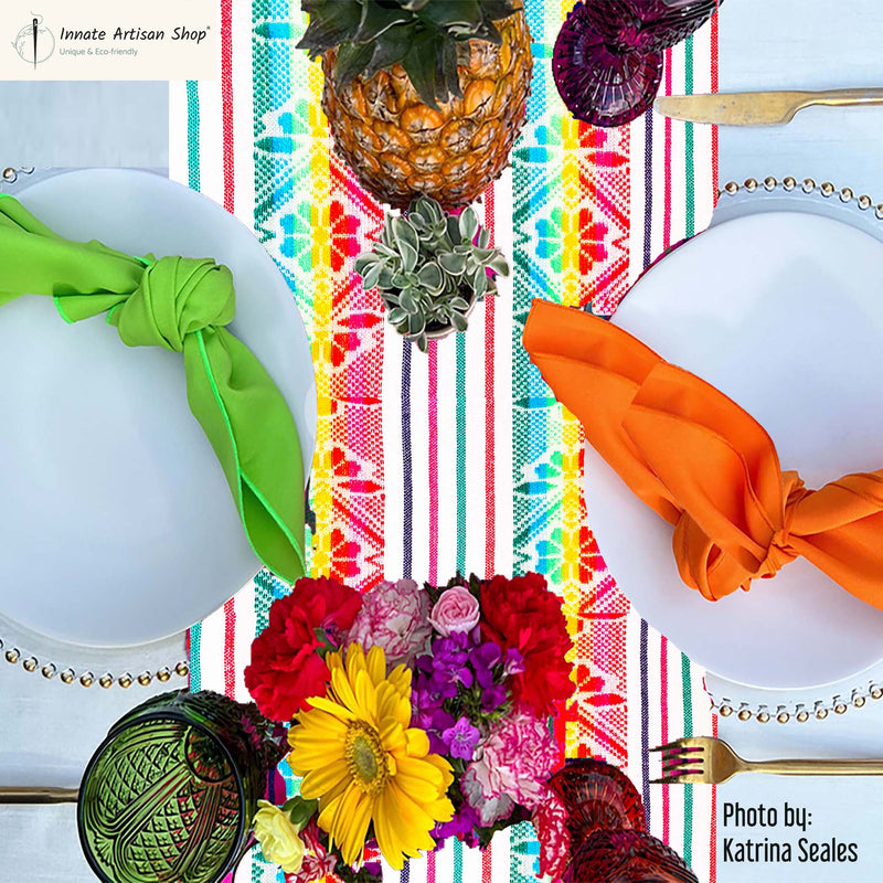 mantel Mexicano, Mexican tablecloth, camino de mesa, table runner, white, woven, cambaya, aztec, mayan, floral print, light