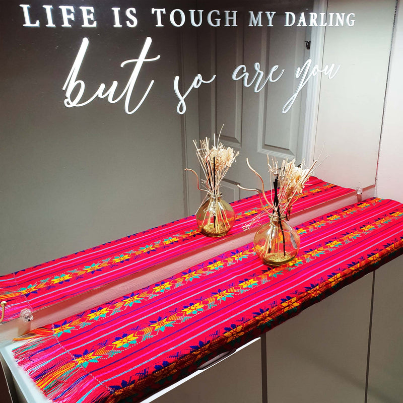 mantel rojo, red table runner, Mexican, cambaya, Aztec, floral, woven, Mexico decor, Mexican table runner, mantel Mexicano rojo, entrada, entryway, foyer