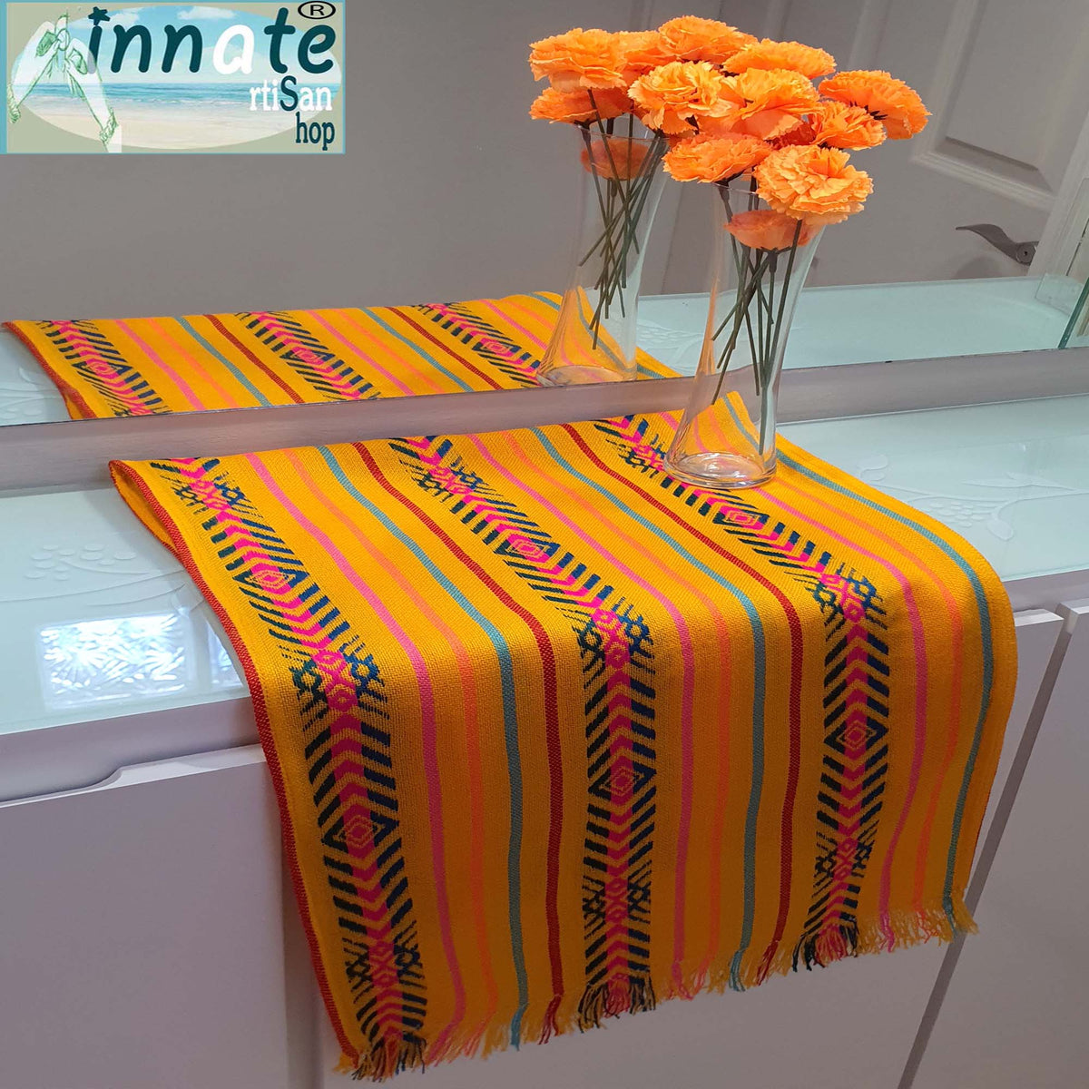 camino de mesa, amarillo, yellow, cempasuchil, table runner, Mexican, washable, altar table runner, camino para altar, dia de muertos, ofrenda, mantel, cempasuchil