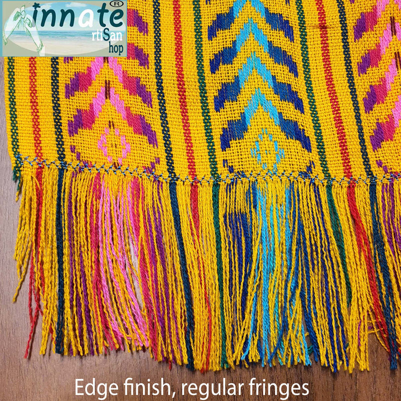 fringed table runner, Mexican table runner, artisan, loom, mustard, marigold, yellow, floral