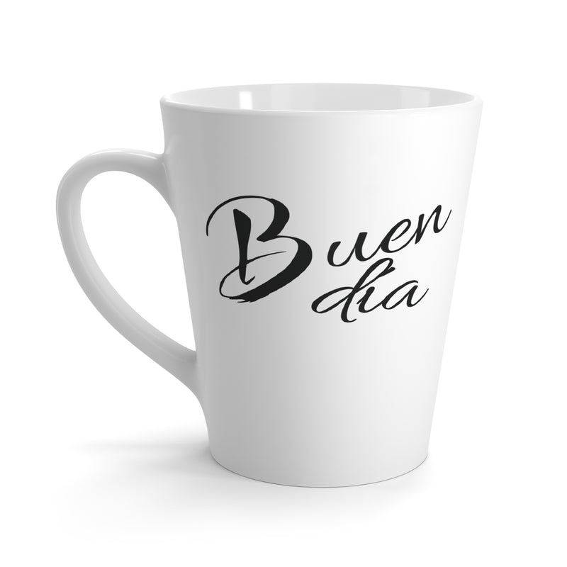 white mug, cup, with good day printed in spanish language