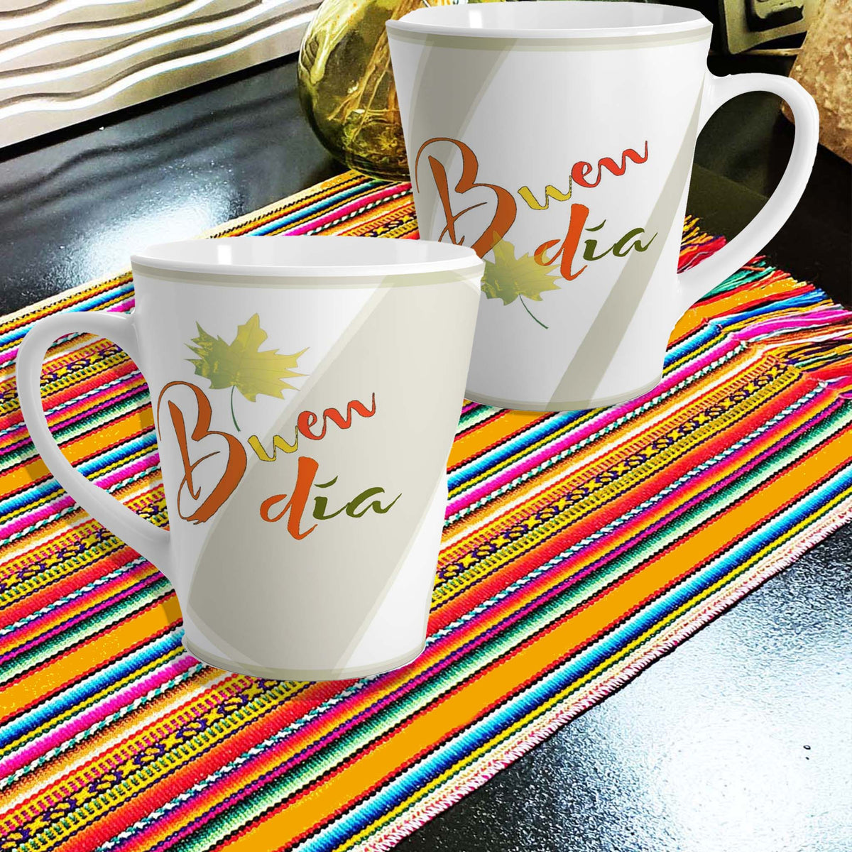 mug, white, buen dia, autumn theme, customized, over andean table runner