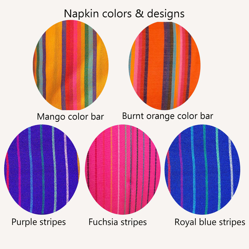 napkins, Mexican, burnt orange, fuchsia, mango, royal blue, purple, woven