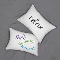 pillow on sofa, rest, recharge, repeat message, lumbar pillow, sofa pillow