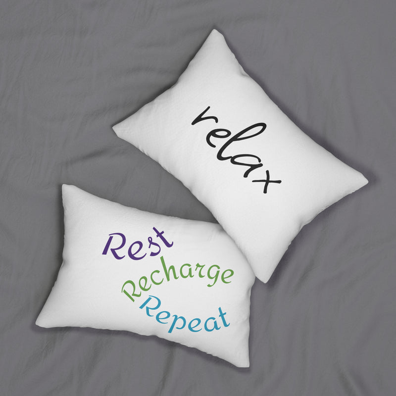 pillow on sofa, rest, recharge, repeat message, lumbar pillow, sofa pillow