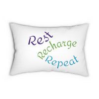 pillow on sofa, rest, recharge, repeat message, lumbar pillow, sofa pillow