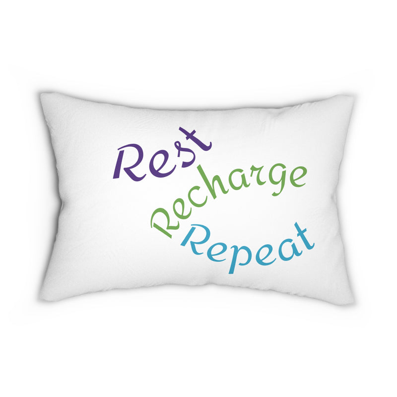 pillow on sofa, rest, recharge, repeat message, lumbar pillow, sofa pillow