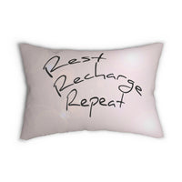 pillow on sofa, rest, recharge, repeat message, lumbar pillow, sofa pillow