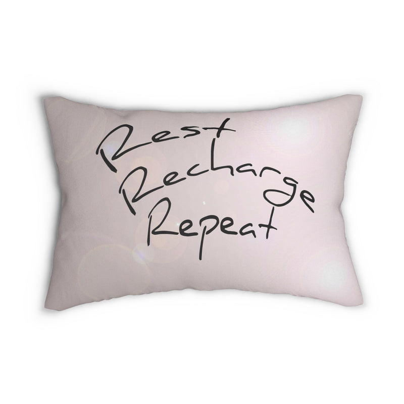 pillow on sofa, rest, recharge, repeat message, lumbar pillow, sofa pillow