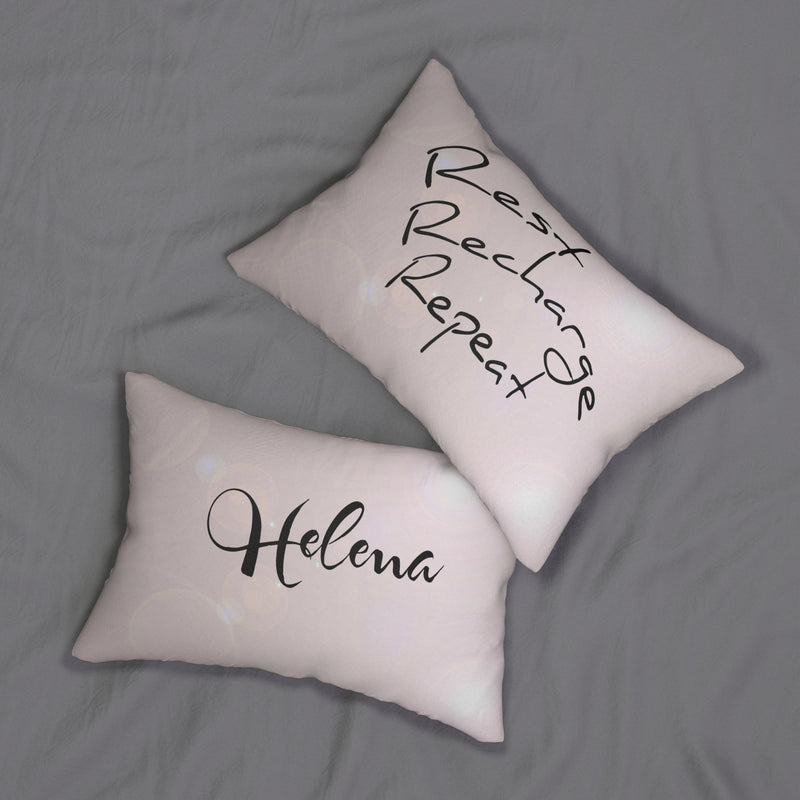 pillow on sofa, rest, recharge, repeat message, lumbar pillow, sofa pillow
