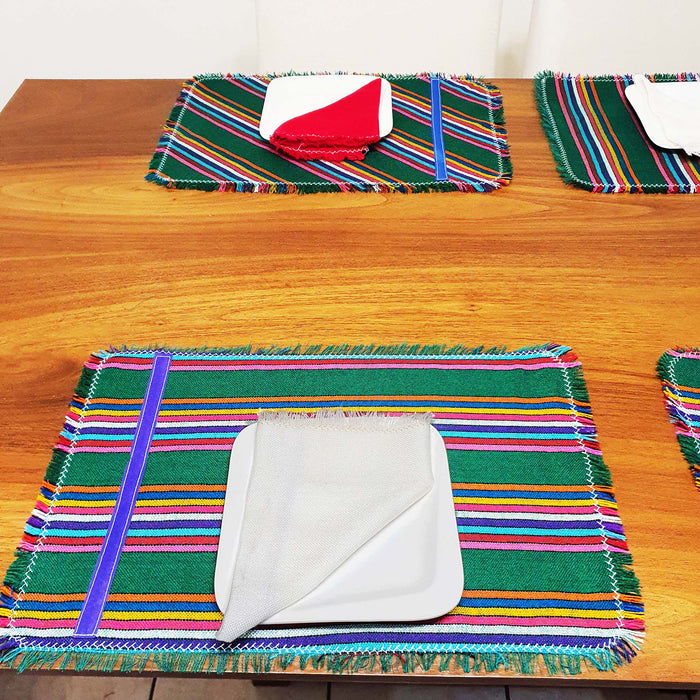 placemats, Mexican, green over a table with a plate