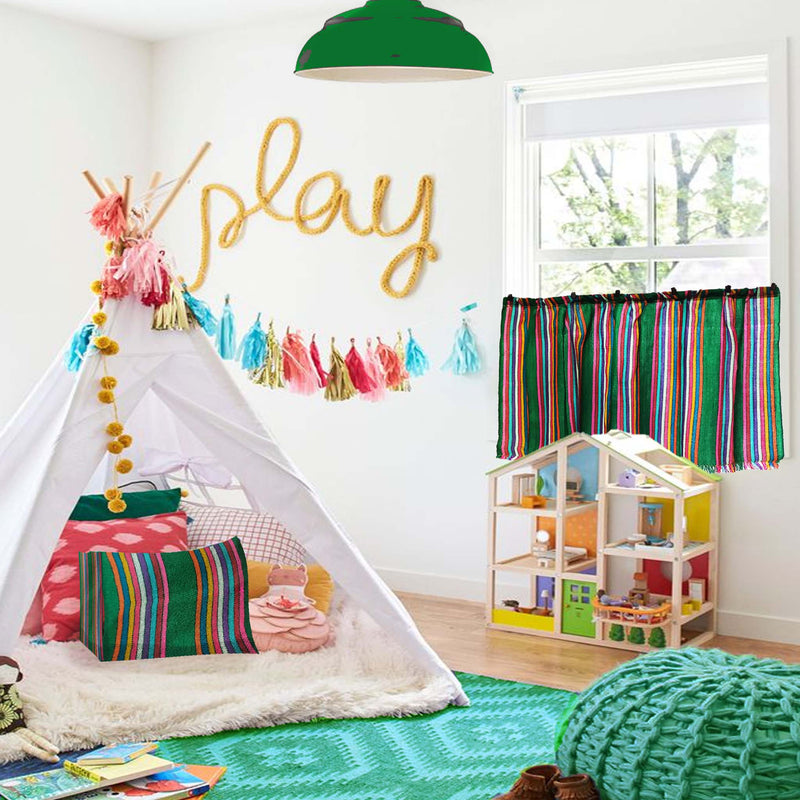 Mexican valance, curtains, panel, cafe curtains, tier, curtain, fiesta, green, striped, woven, cortinas, Mexicanas, verdes, cambaya, cocina, cuarto juegos