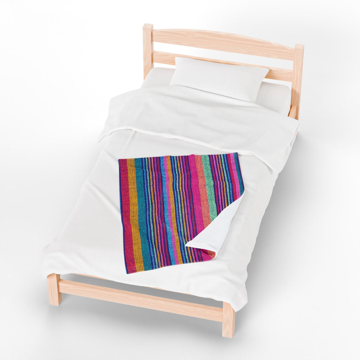 fleece blanket, gender neutral, purple stripes, throw blanket, on top of single size bed
