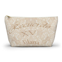 Zippered bag, lace bag, customized, personalized, champagne beige, XV gift, bridesmaid gift