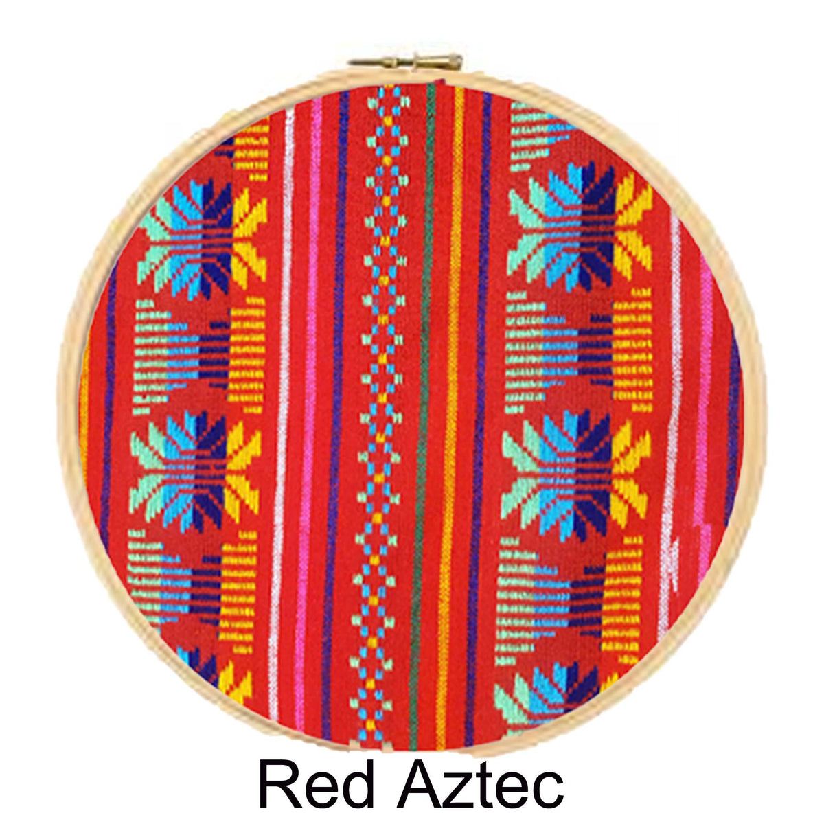 Embroidery hoop with Red Aztec pattern on a white background
