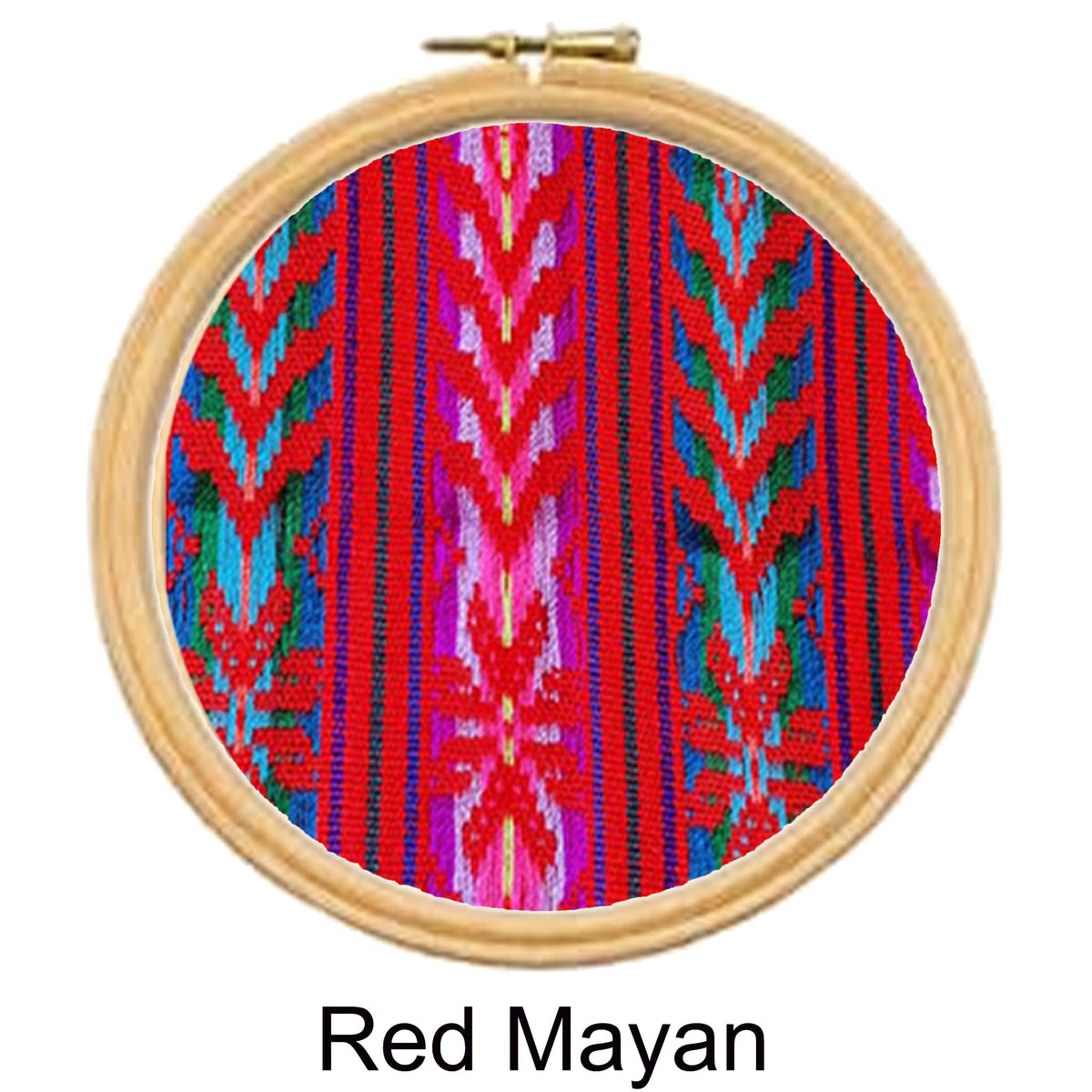 Colorful patterned fabric in a wooden hoop with 'Red Mayan' text below.