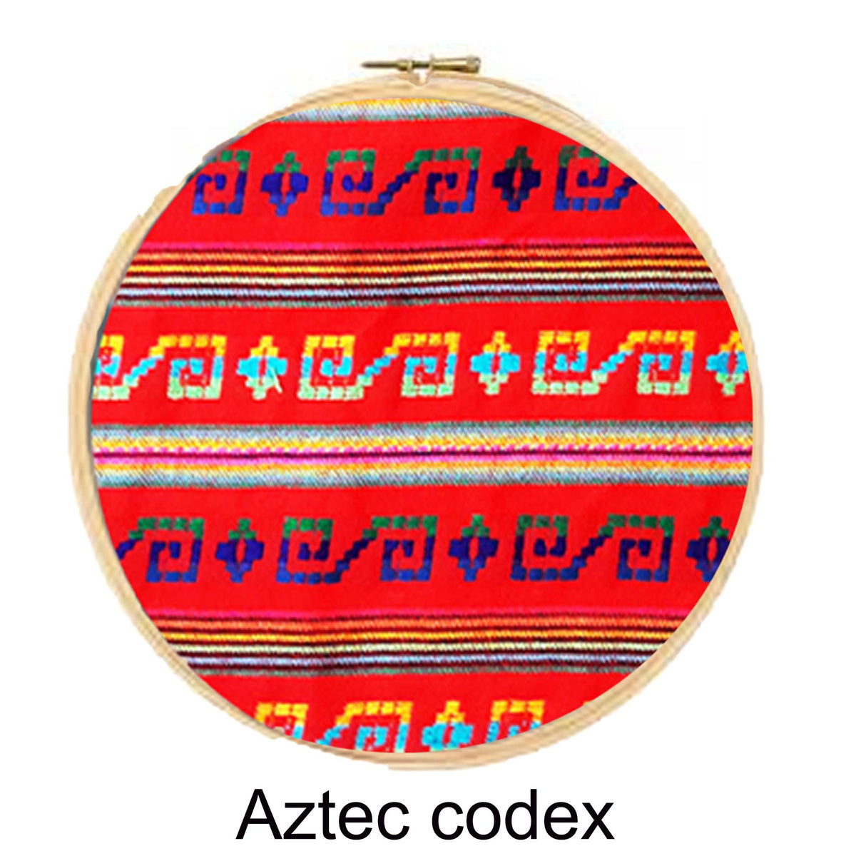Embroidery hoop with Aztec codex pattern on a red background