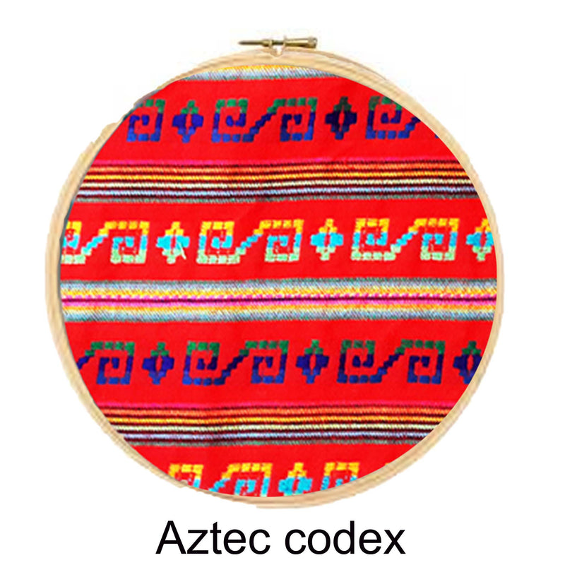 Embroidery hoop with Aztec codex pattern on a red background