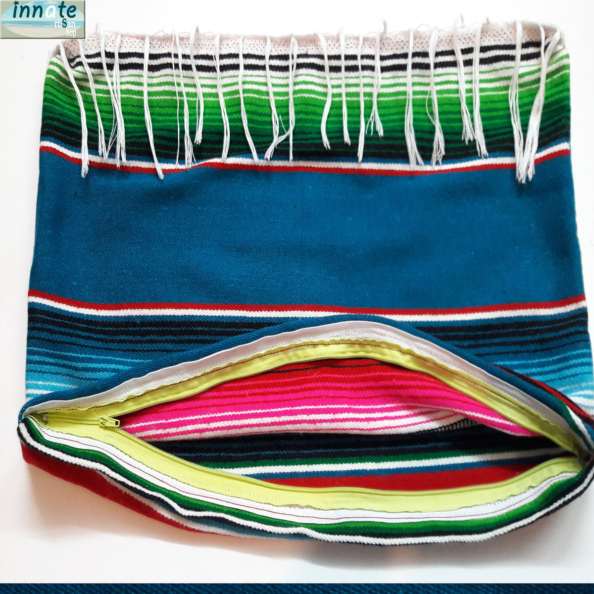 Colorful woven fabric with a striped pattern on a white background