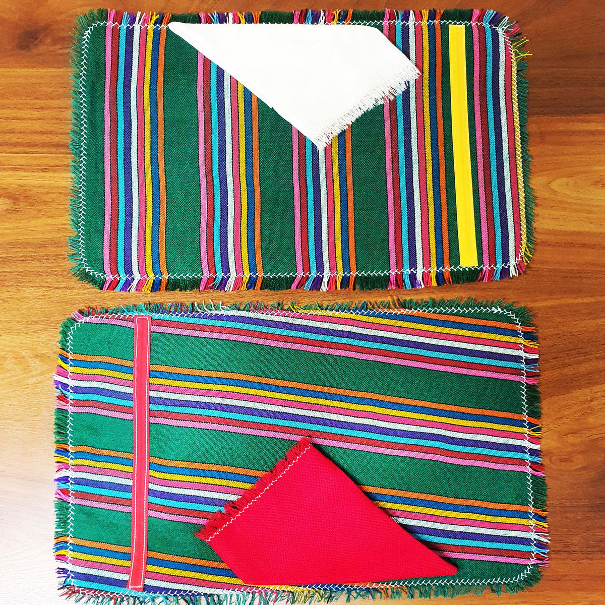 placemats, Mexican, green striped, artisan, set of 2