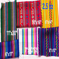 Colorful woven fabrics with various dimensions displayed.