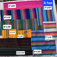Colorful striped fabric samples with measurements and weight displayed.