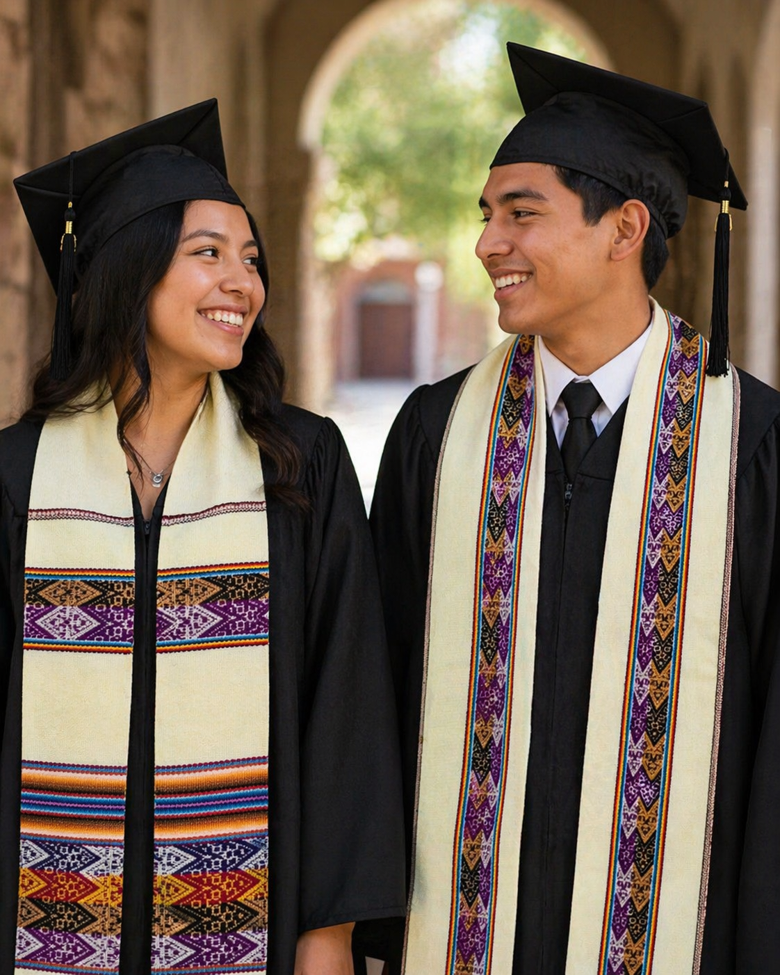 Graduation Latino stoles, authentic aguayo, white, turquoise, Inca pattern