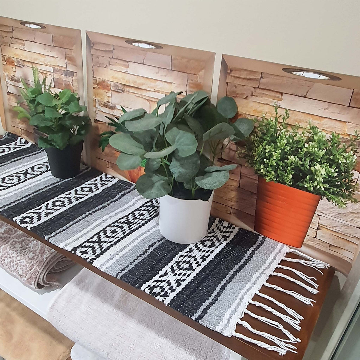 Blanket ,farmhouse table topper, rustic, Mexican, boho, centerpiece, ethnic, artisan, black gray, mini, small, over a table