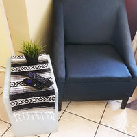 Blanket ,farmhouse table topper, rustic, Mexican, boho, centerpiece, ethnic, artisan, black gray, mini, small, over a table, next to a sofa